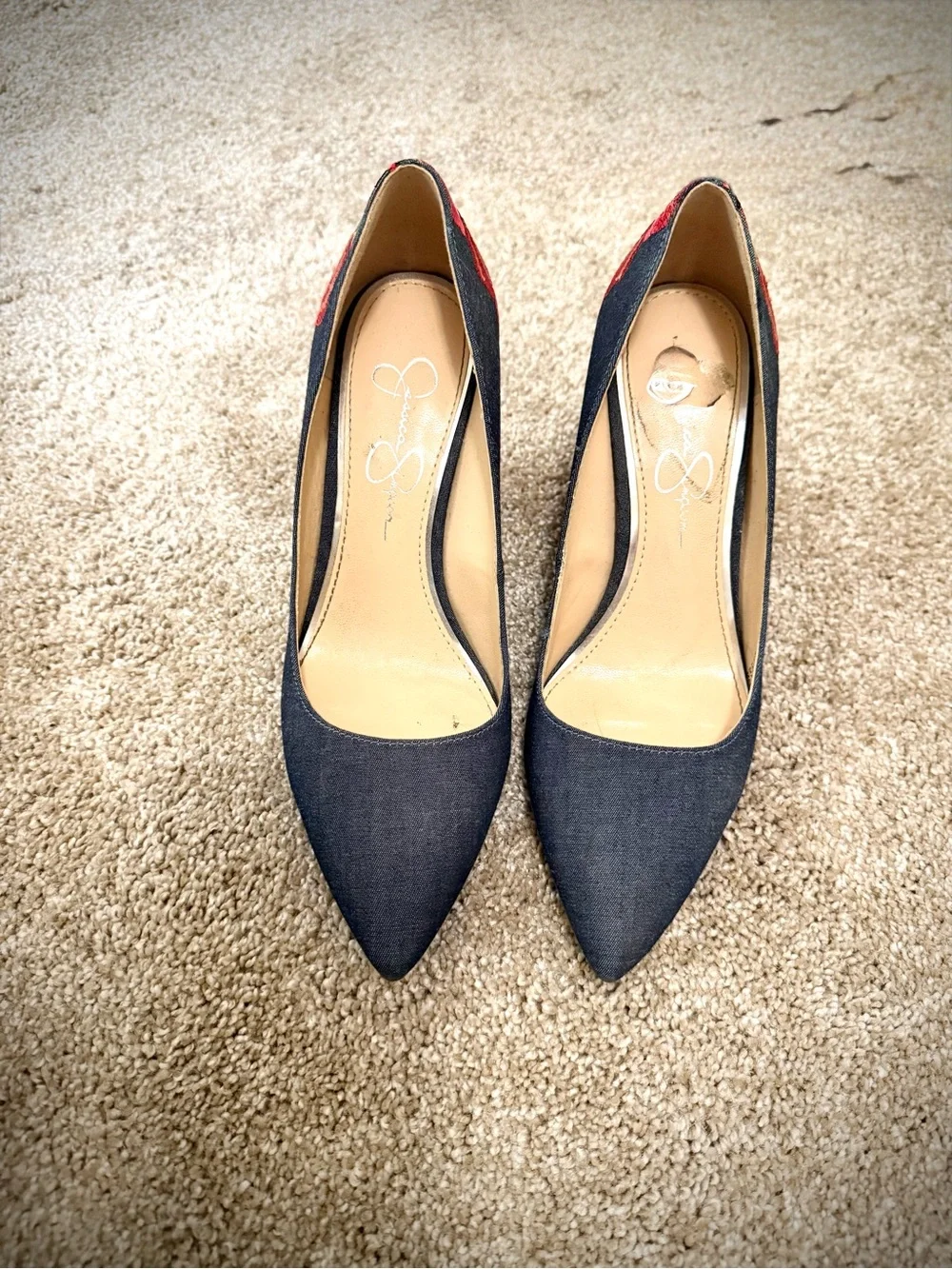 Embroidered Red Floral Block Heel Pumps - Women's